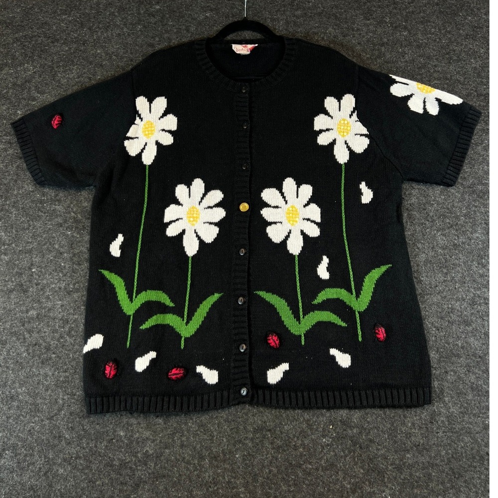 VTG Daisy Ladybug Abstract Short Sleeve Cardigan Sweater Black Knit Womens 2XL